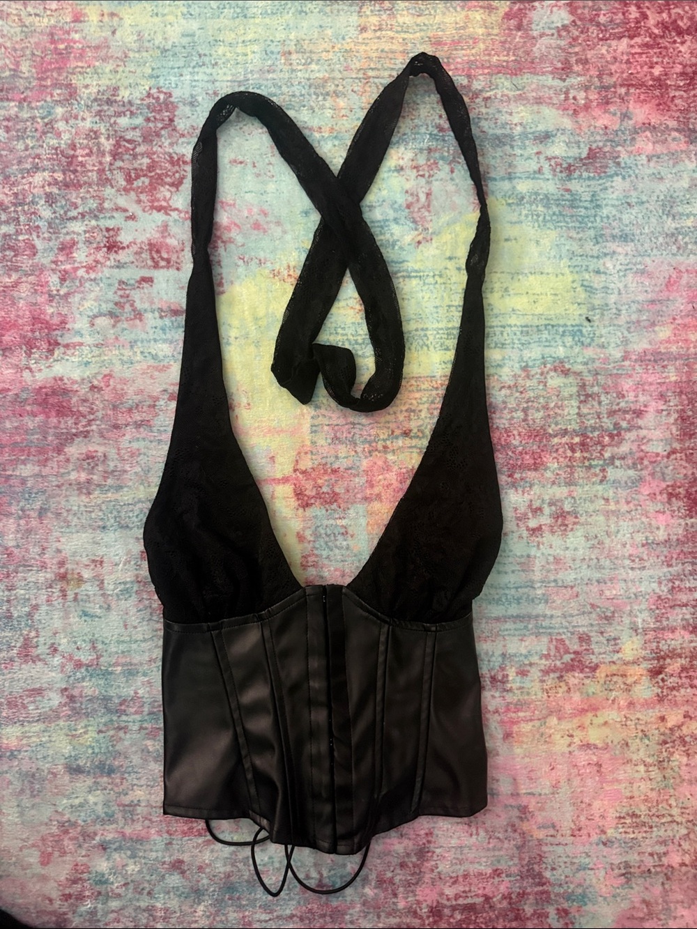 Windsor Black Lace & Faux Leather Halter Corset Top